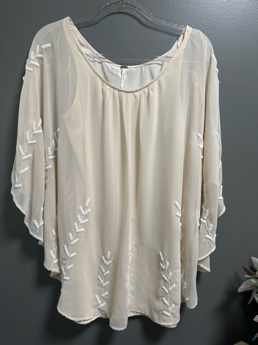Free People Cream Nude Sheer Beaded Cape Drape Mini Dress XS